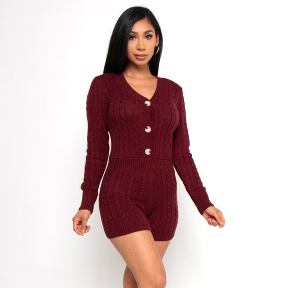 NWT Sweaterland thick Cable KNIT V-NECK LONG SLEEVE sweater ROMPER S,M,L, Wine - Picture 4 of 5